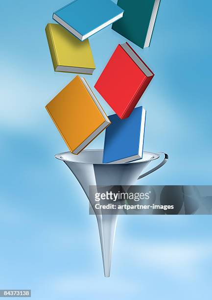 books falling into a silver funnel - education stock illustrations
