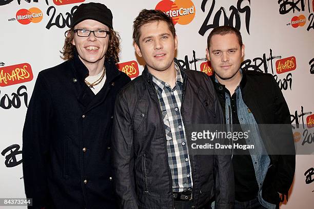 Scouting For Girls Greg Churchouse, Roy Stride and Peter Ellard attend the announcement for the shortlist of Brit Award nominations held at the...