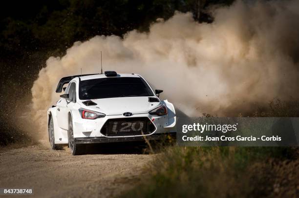 Belgian driver, Thierry Neuville and his co-driver, Nicolas Gilsoul of Hyuindai Motorsport WRC Team, testing the Hyundai i20, on September 6, 2017 in...