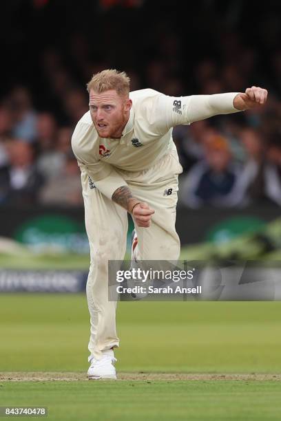 Ben Stokes of England bowls during day one of the 1st Investec Test match between England and West Indies at Lord's Cricket Ground on September 7,...
