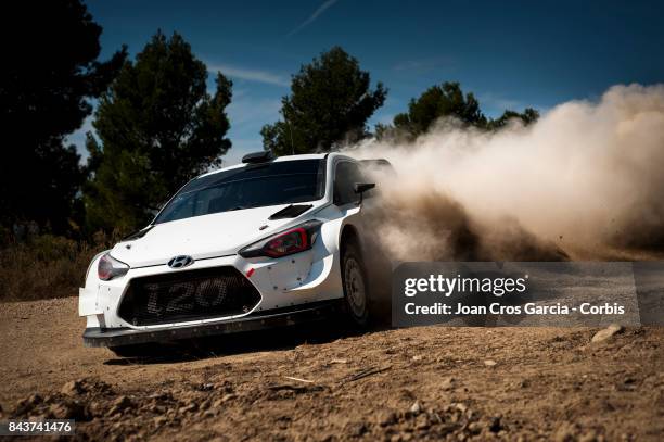 Belgian driver, Thierry Neuville and his co-driver, Nicolas Gilsoul of Hyuindai Motorsport WRC Team, testing the Hyundai i20, on September 6, 2017 in...