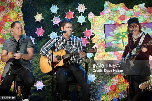 Peter Ellard, Roy Stride and Greg Churchouse of Scouting for Girls perform at the announcement for the shortlist of Brit Award nominations held at...