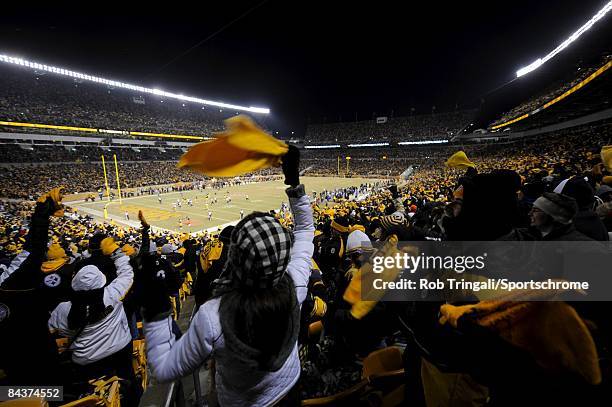 Fans of the Pittsburgh Steelers wave their terrible towels in a game against the Baltimore Ravens during the AFC Championship Game on January 18,...