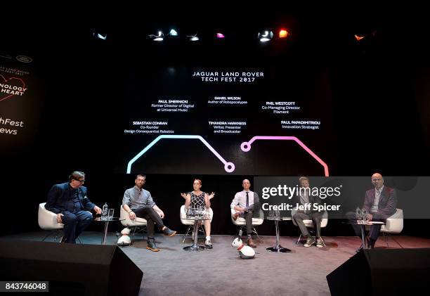 Sebastian Conran, Paul Smernicki, Timandra Harkness, Daniel Wilson, Phil Westcott and Paul Papadimitrou speak at the 'Are Robots Taking Over?' talk...