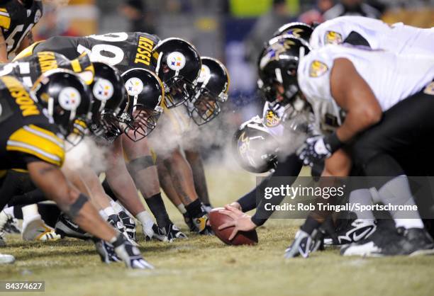 General view of the line of scrimmage in the cold during a game between the Pittsburgh Steelers and the Baltimore Ravens during the AFC Championship...