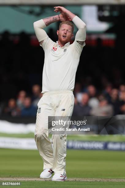 Ben Stokes of England reacts after narrowly missing taking a wicket during day one of the 1st Investec Test match between England and West Indies at...