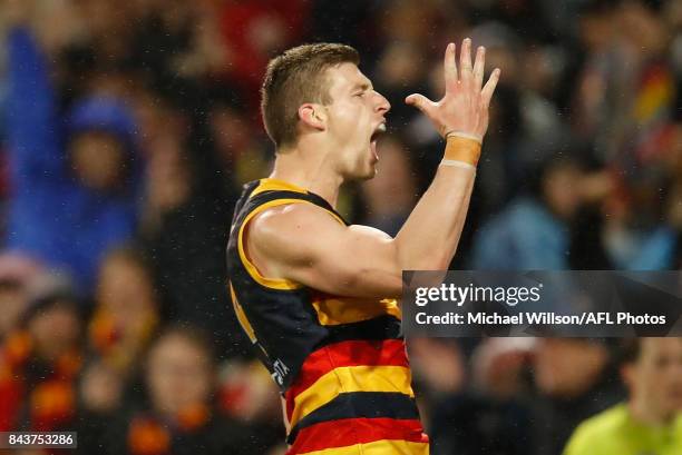 Josh Jenkins of the Crows celebrates a goal during the AFL First Qualifying Final match between the Adelaide Crows and the Greater Western Sydney...