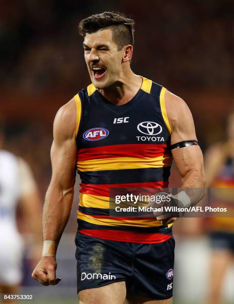 Taylor Walker of the Crows rues a missed shot on goal during the AFL First Qualifying Final match between the Adelaide Crows and the Greater Western...