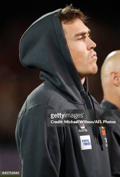 Jeremy Cameron of the Giants looks on during the AFL First Qualifying Final match between the Adelaide Crows and the Greater Western Sydney Giants at...