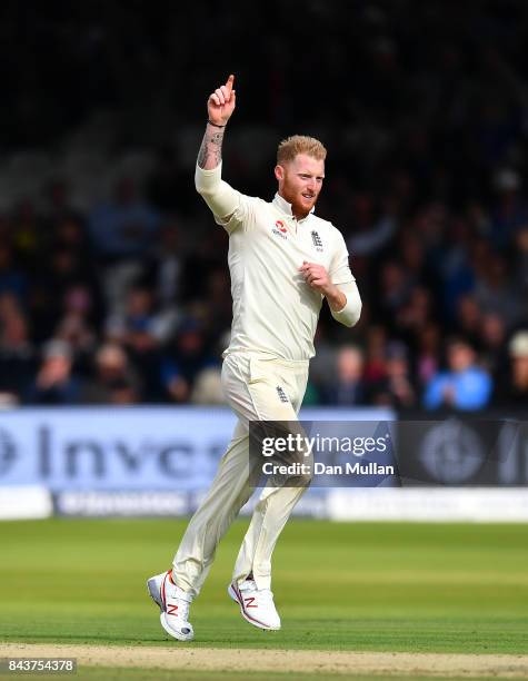 Ben Stokes of England celebrates taking the wicket of Shane Dowrich of the West Indies during day one of the 3rd Investec Test Match between England...