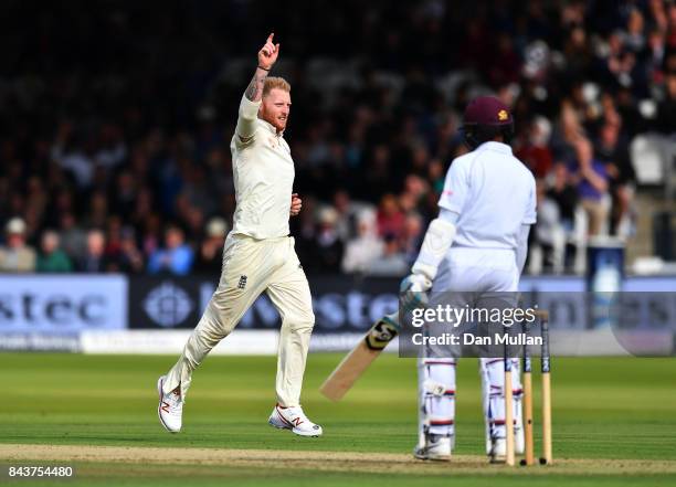 Ben Stokes of England celebrates taking the wicket of Shane Dowrich of the West Indies during day one of the 3rd Investec Test Match between England...