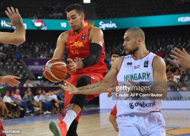 Janos Eilingsfeld of Hungary vies with Willy Hernangomez of Spain during Group C FIBA Eurobasket 2017 mens basketball match between Hungary and Spain...