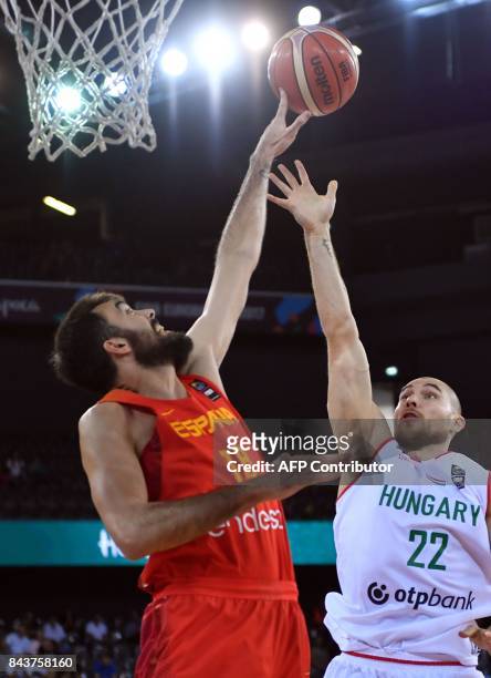 Janos Eilingsfeld of Hungary vies with Pierre Oriola of Spain during Group C FIBA Eurobasket 2017 mens basketball match between Hungary and Spain in...