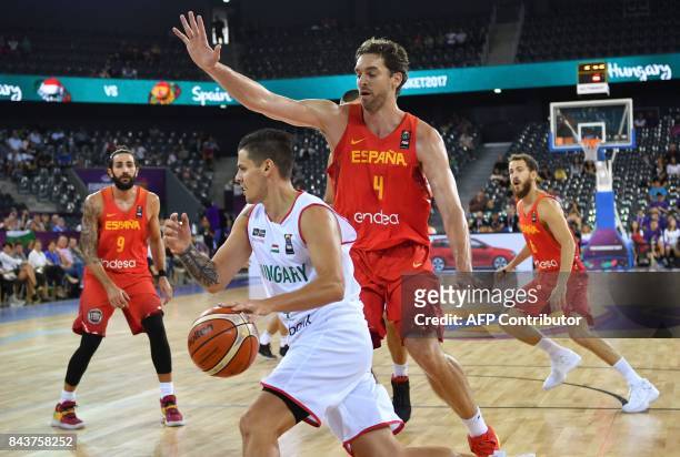 Andras Rujak of Hungary vies with Pau Gasol of Spain during Group C FIBA Eurobasket 2017 mens basketball match between Hungary and Spain in Cluj...