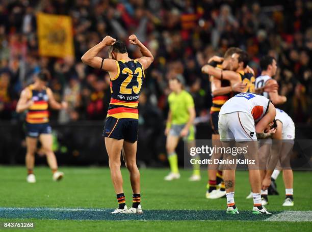 Charlie Cameron of the Crows reacts after the final siren during the AFL First Qualifying Final match between the Adelaide Crows and the Greater...