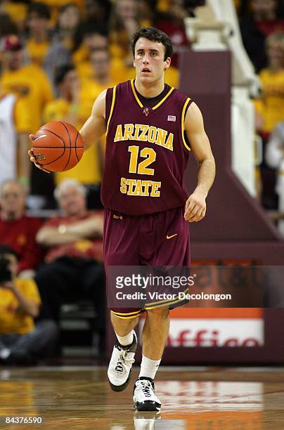 Derek Glasser of Arizona State dribbles the ball upcourt against USC in the first half during the game at Galen Center on January 15, 2009 in Los...