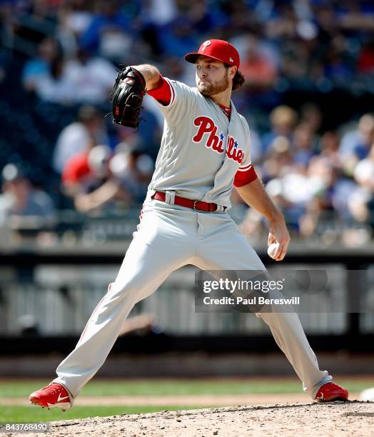 Pitcher Kevin Siegrist of the Philadelphia Phillies pitches in an MLB baseball game against the New York Mets on September 4, 2017 at CitiField in...