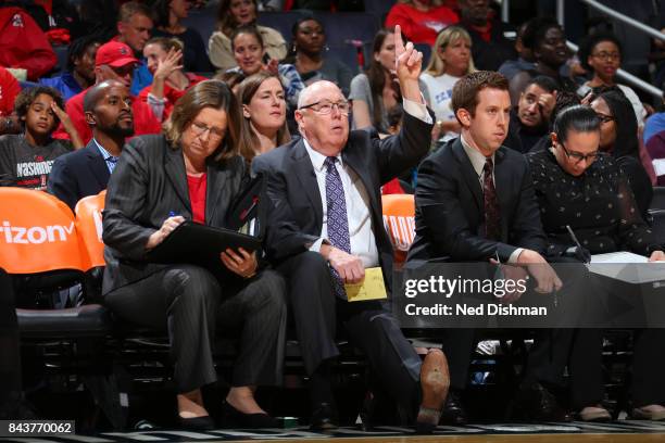 Mike Thibault of the Washington Mystics during the game against the Dallas Wings during Round One of the WNBA Playoffs on September 6, 2017 at the...