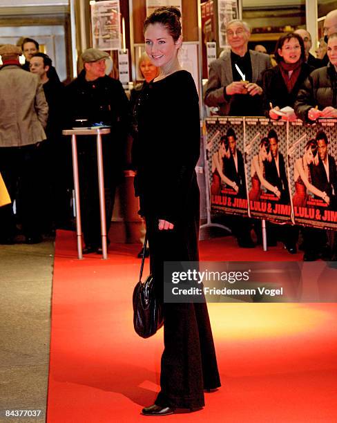 Yvonne Burbach poses on the red carpet as she arrives for the premiere of the film 'Lulu and Jimi' by director Oscar Roehler at the Lichtburg on...