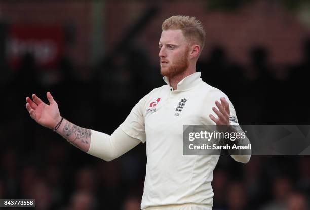 Ben Stokes of England reacts after narrowly missing taking a wicket during day one of the 1st Investec Test match between England and West Indies at...