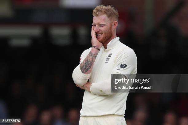 Ben Stokes of England reacts after narrowly missing taking a wicket during day one of the 1st Investec Test match between England and West Indies at...