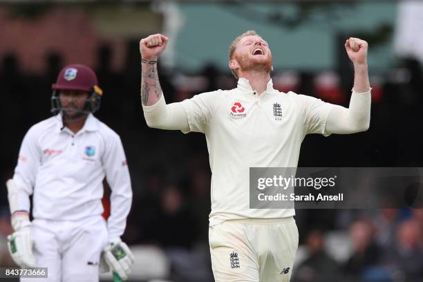 Ben Stokes of England celebrates after taking the wicket of Roston Chase of West Indies during day one of the 1st Investec Test match between England...