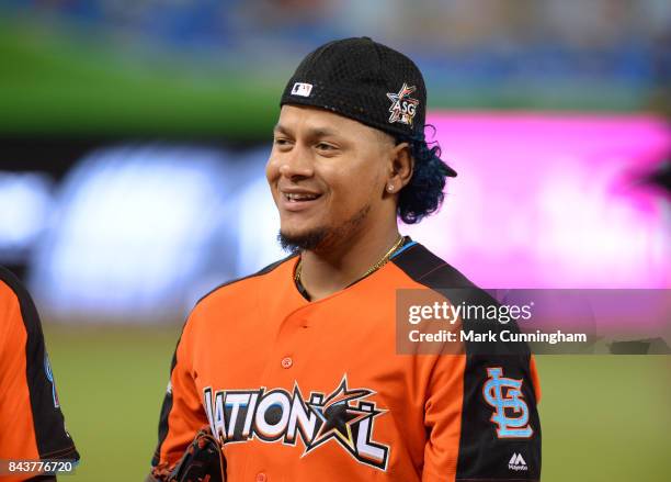 National League All Star Carlos Martinez of the St. Louis Cardinals looks on during the 2017 Gatorade All-Star Workout Day at Marlins Park on July...