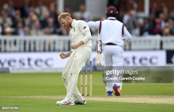 Ben Stokes of England celebrates dismissing Kemar Roach of the West Indies during day one of the 3rd Investec Test match between England and the West...