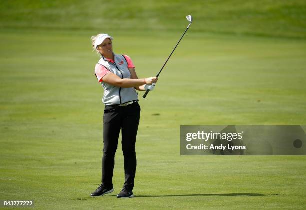 Brooke Henderson of Canada hits her second shot on the 9th hole during the first round of the Indy Women In Tech Championship-Presented By Guggenheim...