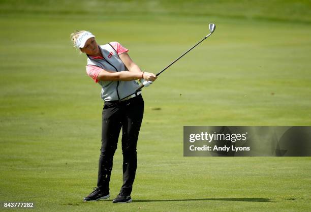 Brooke Henderson of Canada hits her second shot on the 9th hole during the first round of the Indy Women In Tech Championship-Presented By Guggenheim...