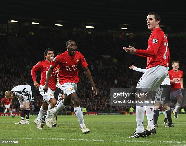 John O'Shea of Manchester United celebrates scoring their second goal during the Carling Cup Semi-Final 2nd Leg match between Manchester United and...