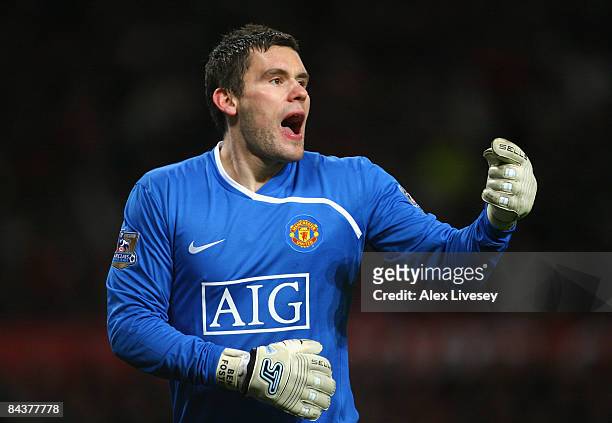 Ben Foster of Manchester United gestures during the Carling Cup Semi Final 2nd Leg match between Manchester United and Derby County at Old Trafford...