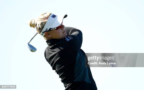 Nicole Broch Larsen of Denmark tee her second shot on the 15th hole during the first round of the Indy Women In Tech Championship-Presented By...