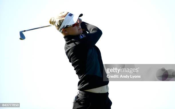 Nicole Broch Larsen of Denmark tee her second shot on the 15th hole during the first round of the Indy Women In Tech Championship-Presented By...