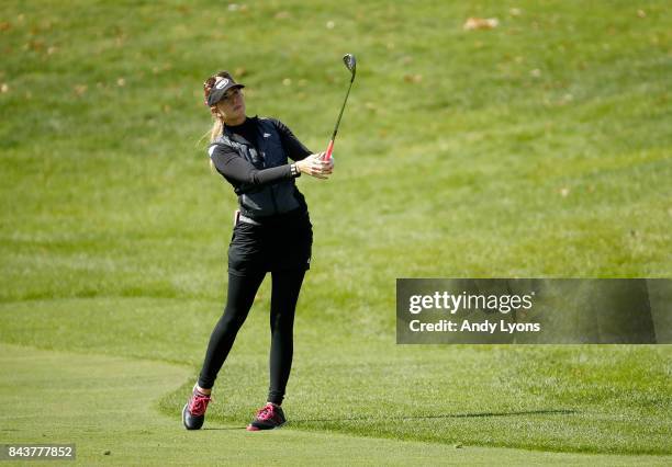 Paula Creamer hits her second shot on the 9th hole during the first round of the Indy Women In Tech Championship-Presented By Guggenheim at the...