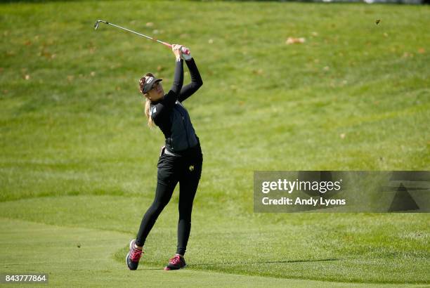 Paula Creamer hits her second shot on the 9th hole during the first round of the Indy Women In Tech Championship-Presented By Guggenheim at the...