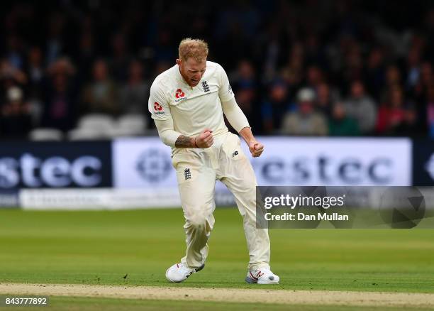 Ben Stokes of England celebrates taking the wicket of Shannon Gabriel of the West Indies during day one of the 3rd Investec Test Match between...