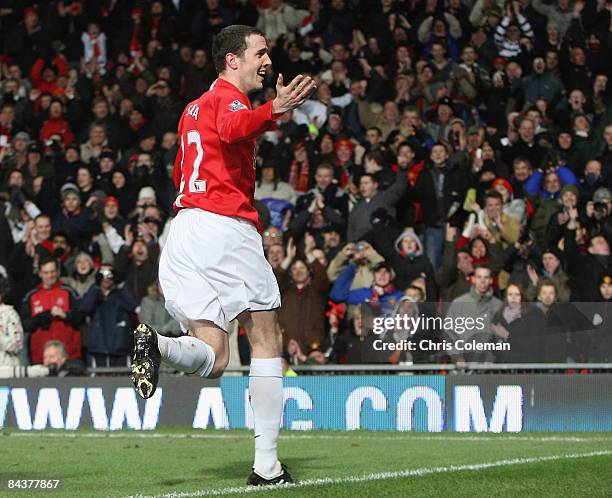 John O'Shea of Manchester United celebrates scoring their secoond goal during the Carling Cup Semi-Final 2nd Leg match between Manchester United and...