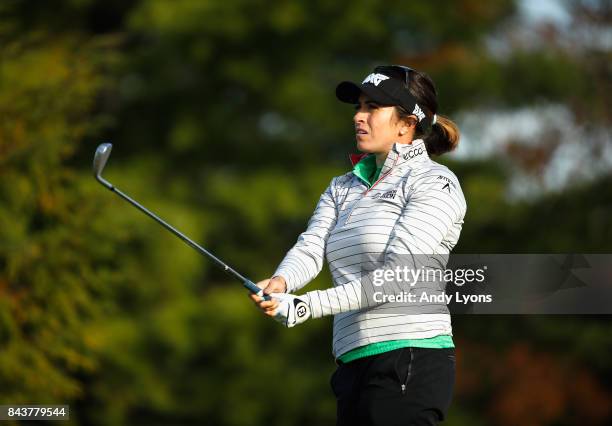 Gerina Piller hits her tee shot on the 12th hole during the first round of the Indy Women In Tech Championship-Presented By Guggenheim at the...