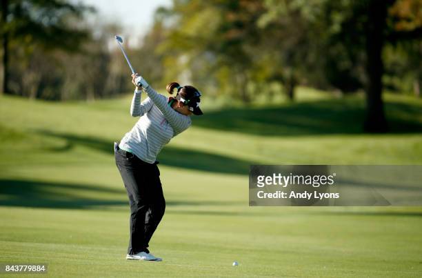 Gerina Piller hits her second shot on the 14th hole during the first round of the Indy Women In Tech Championship-Presented By Guggenheim at the...