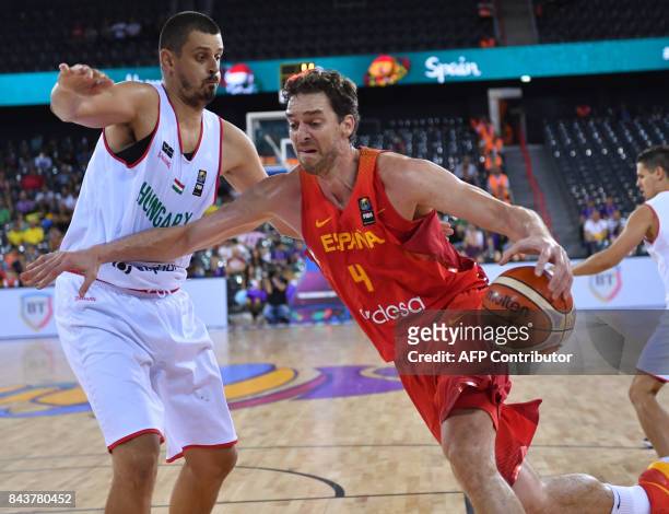Kemal Karahodzic of Hungary vies with Pau Gasol of Spain during Group C of the FIBA Eurobasket 2017 mens basketball match between Hungary and Spain...