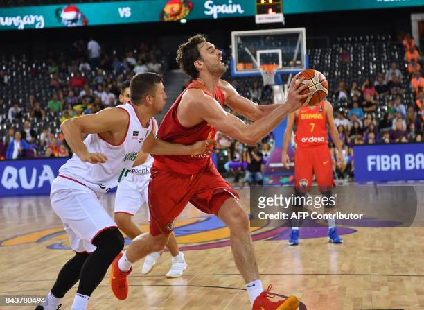 Csaba Ferencz of Hungary vies with Pau Gasol of Spain during Group C of the FIBA Eurobasket 2017 mens basketball match between Hungary and Spain in...