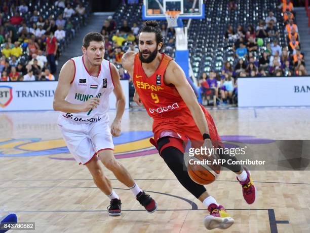 Krisztian Wittmann of Hungary vies with Ricky Rubio of Spain during Group C of the FIBA Eurobasket 2017 mens basketball match between Hungary and...