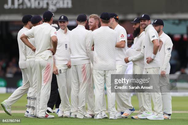 Ben Stokes of England celebrates after taking the wicket of Roston Chase of West Indies during day one of the 1st Investec Test match between England...