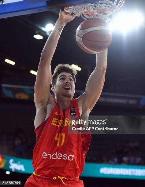 Juancho Hernangomez of Spain scores during Group C of the FIBA Eurobasket 2017 mens basketball match between Hungary and Spain in Cluj Napoca on...