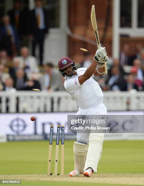 Shannon Gabriel of the West Indies is bowled by Ben Stokes of England during the third cricket test between England and the West Indies at Lord's...