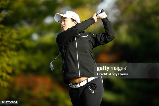 Sei Young Kim of Korea hits her tee shot on the 12th hole during the first round of the Indy Women In Tech Championship-Presented By Guggenheim at...