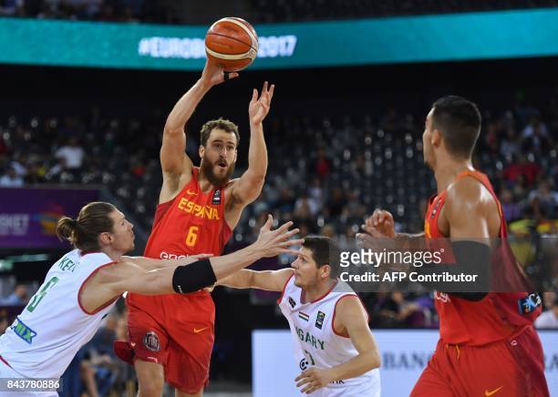 Akos Keller and Krisztian Wittmann of Hungary vie with Sergio Rodriguez of Spain during Group C of the FIBA Eurobasket 2017 mens basketball match...