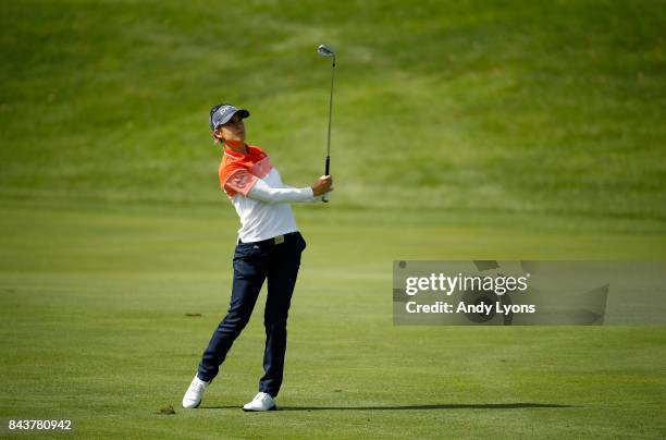 Azahara Munoz of Spain hits her second shot on the 9th hole during the first round of the Indy Women In Tech Championship-Presented By Guggenheim at...