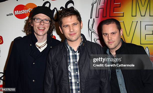 Greg Churchouse, Roy Stride and Peter Ellard of Scouting For Girls arrive at the Brit Awards 2009 Nominations Launch Party at the Roundhouse on...